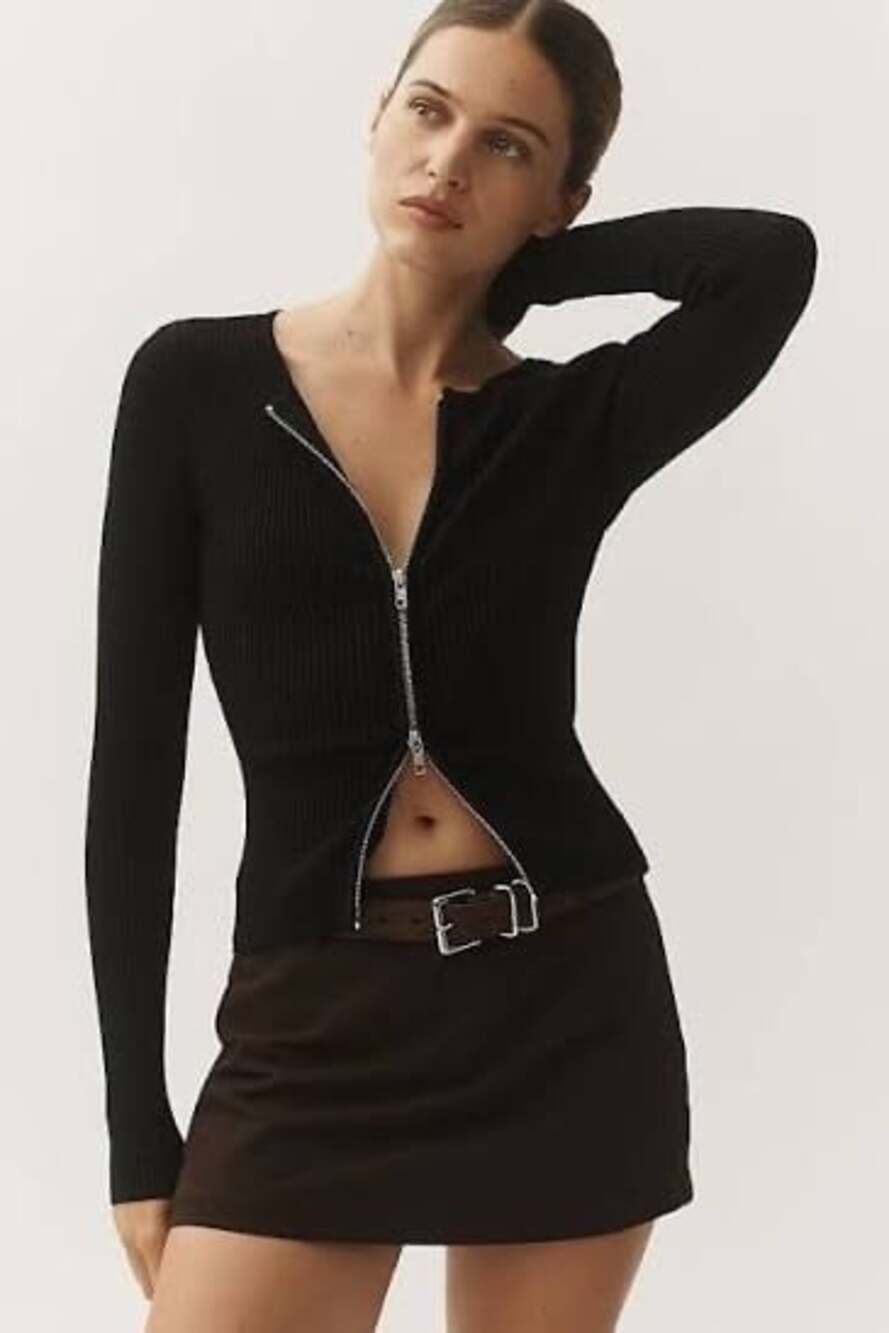 GOOD AMERICAN Virgo Rib Zip Front Sz L Black Sweater 90s Y2K Streetwear Goingout